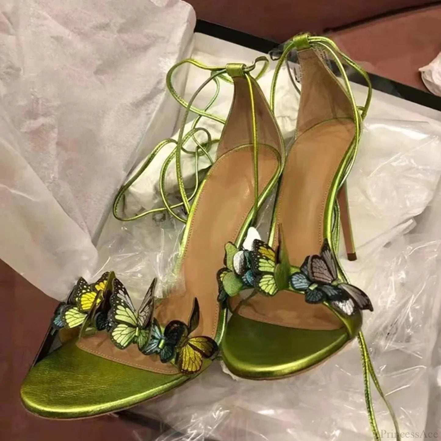 New Yellow Green Cross Strap Butterfly Open Toe Elegant High Heel