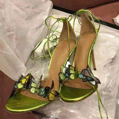 New Yellow Green Cross Strap Butterfly Open Toe Elegant High Heel