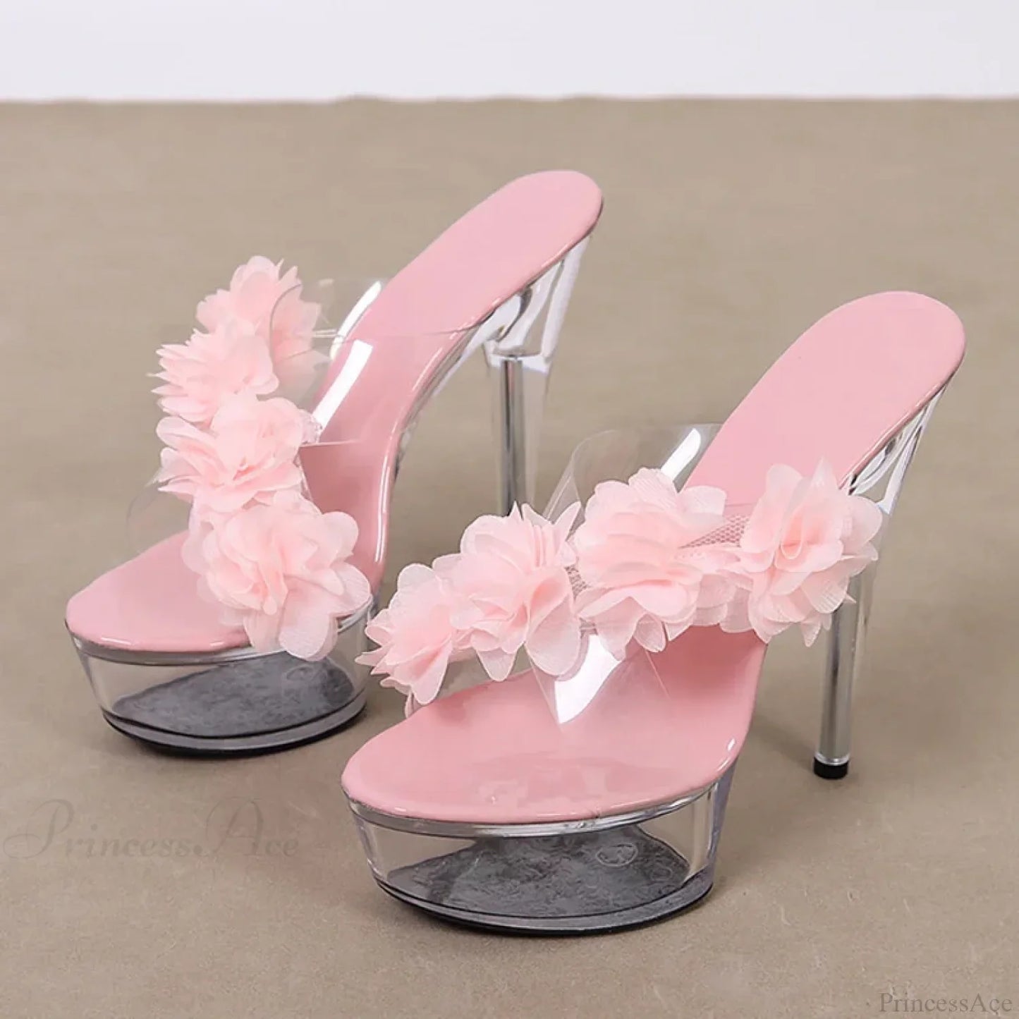 NewFashion Pink Floral Pvc Transparent Super-High Platform Sexy Peep-Toe Slipper High Heel