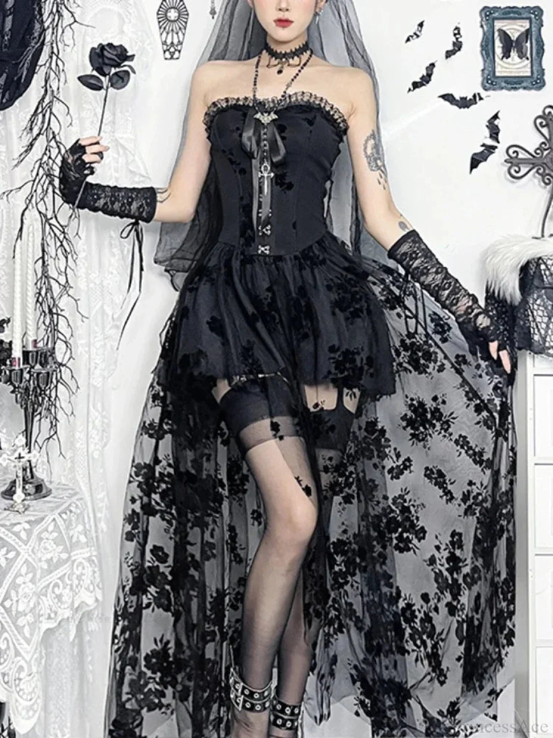 Obscure Blooms Net Bodice Midi Dress