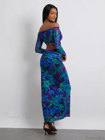 Off-Shoulder Crop Top High Waist Long Floral Skirt