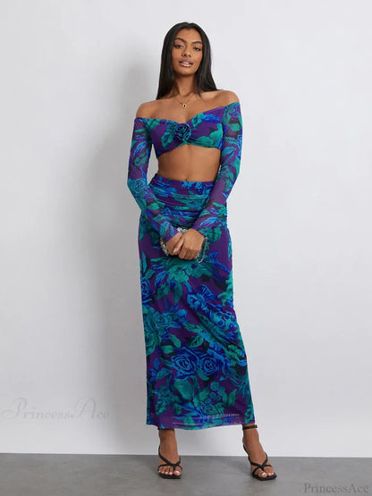 Off-Shoulder Crop Top High Waist Long Floral Skirt