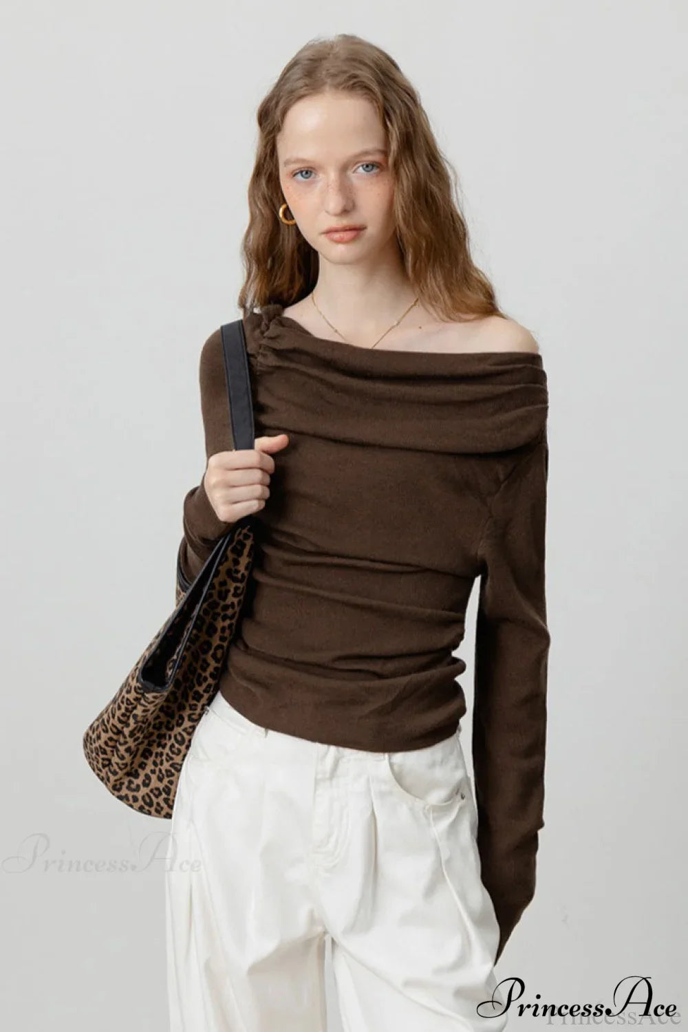 Off-Shoulder Draped Collar Waist-Cinched Knit Top