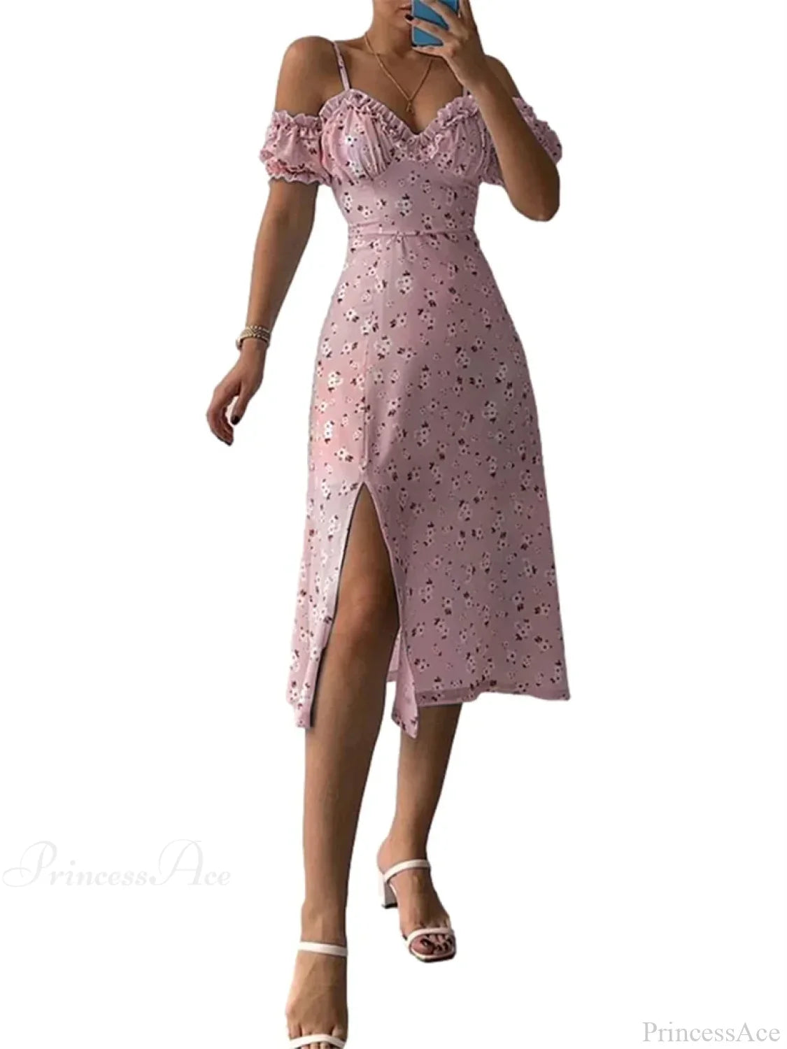 Off-Shoulder Frilly Suspender Short Sleeve Split Mid-Length A-Line Floral Dress
