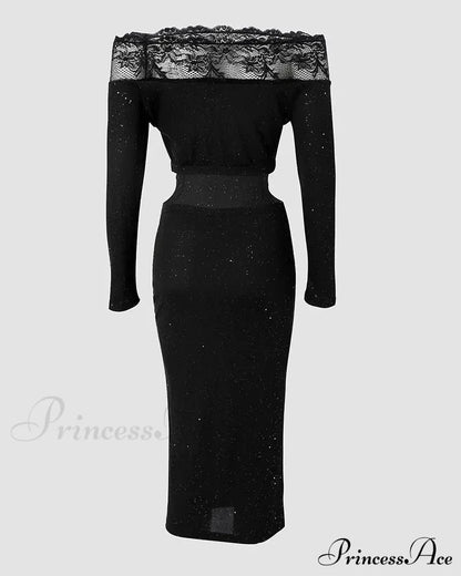 Off Shoulder Long Sleeve Contrast Lace Glitter Bodycon Mini Dress
