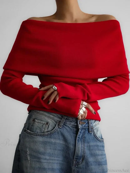 Off Shoulder Long Sleeve Skinny Sweater