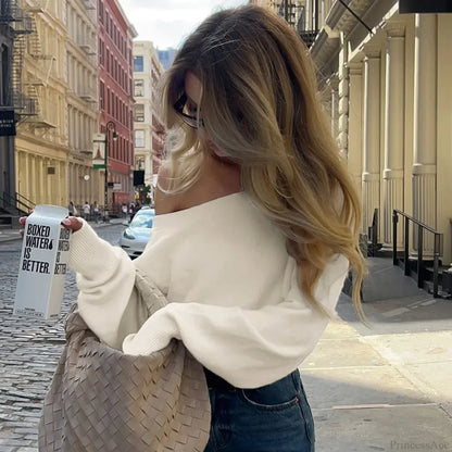 Off-Shoulder Long-Sleeved Knitted Sweater