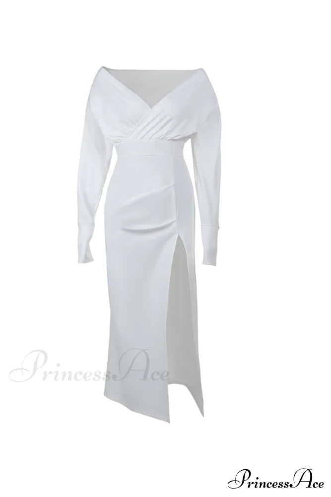 Off Shoulder Satin Dress with Gathered Silt