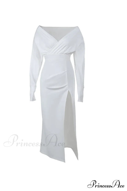 Off Shoulder Satin Dress with Gathered Silt