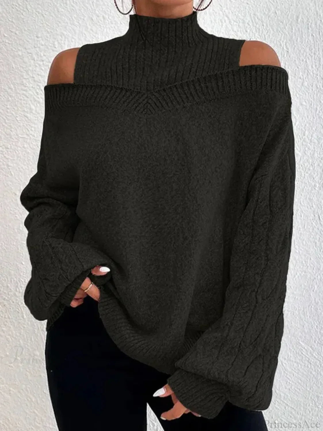 Off Shoulder Semi High Neck Knit Sweater