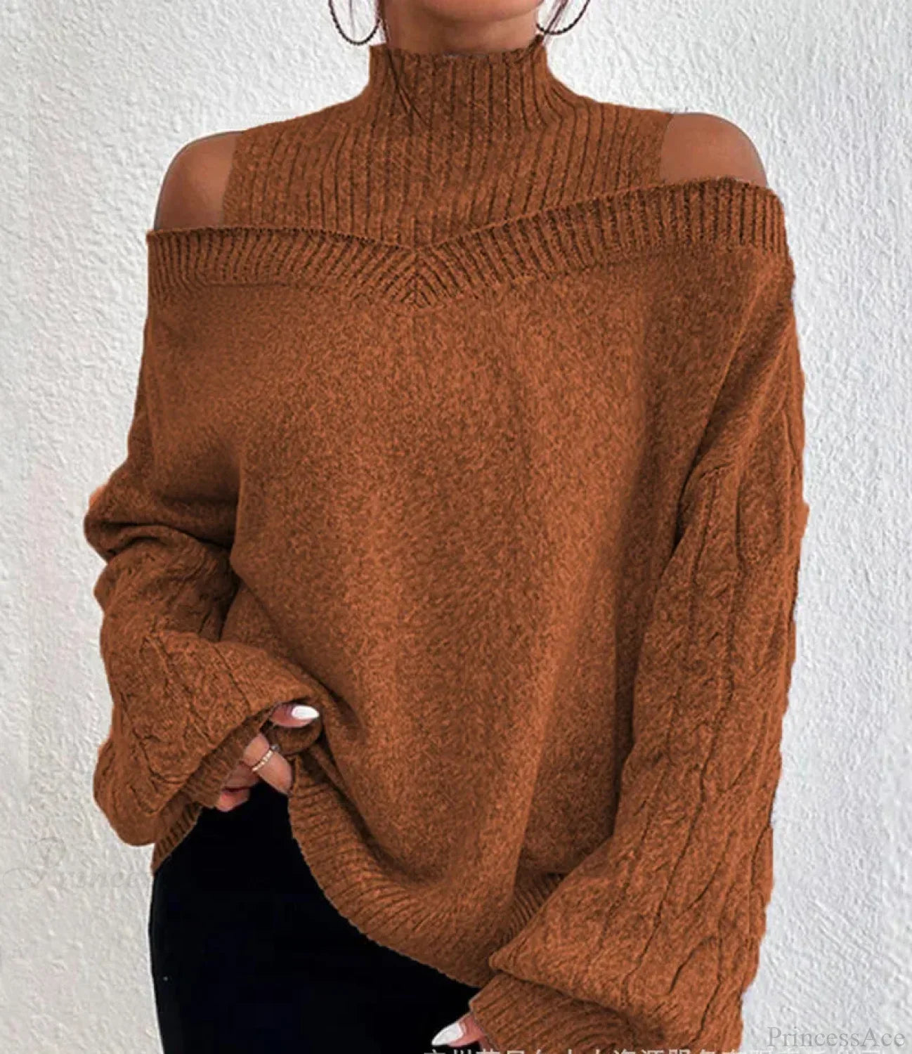 Off Shoulder Semi High Neck Knit Sweater