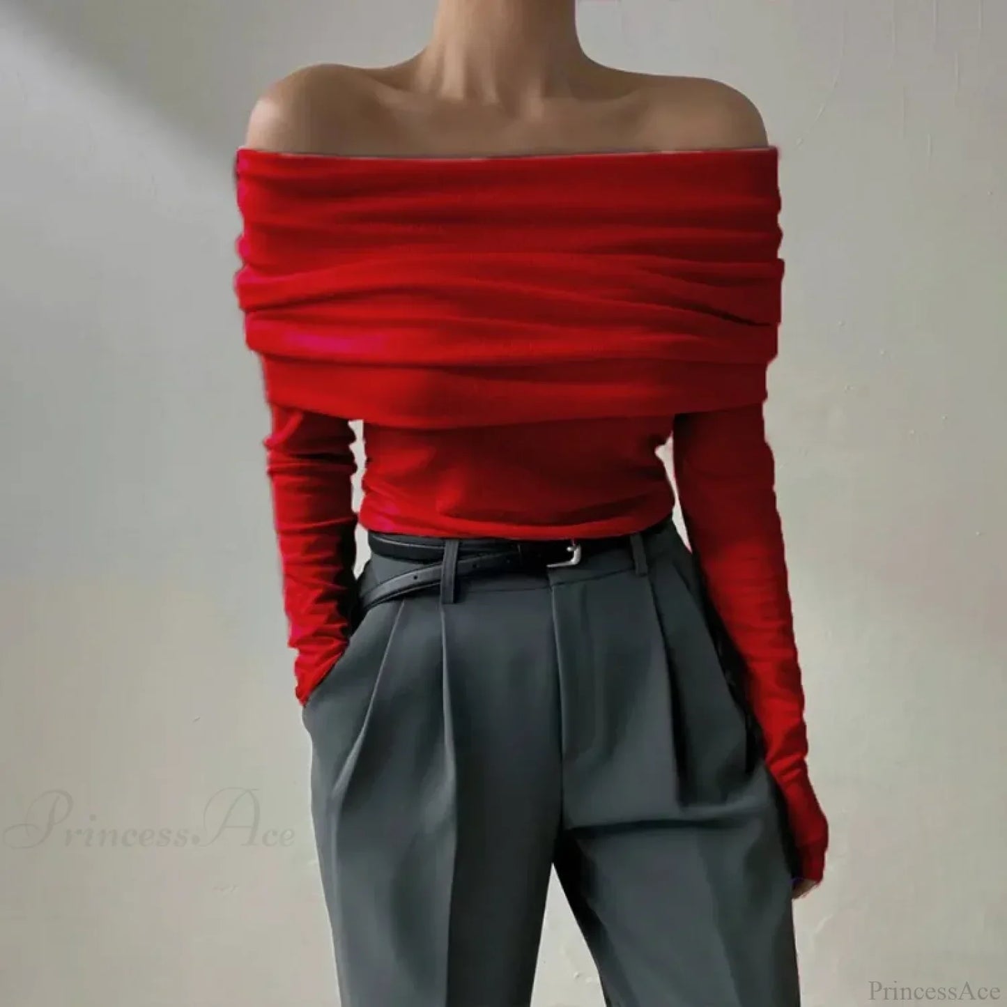 Off-Shoulder Slim Long Sleeve Pleated Sweater