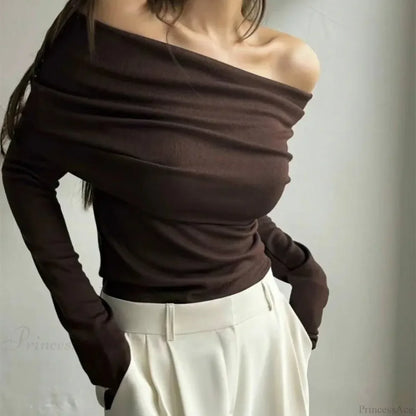 Off-Shoulder Slim Long Sleeve Pleated Sweater