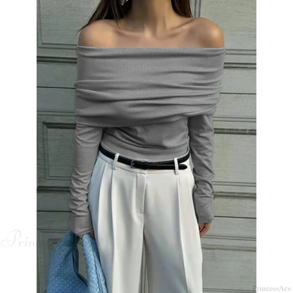 Off-Shoulder Slim Long Sleeve Pleated Sweater