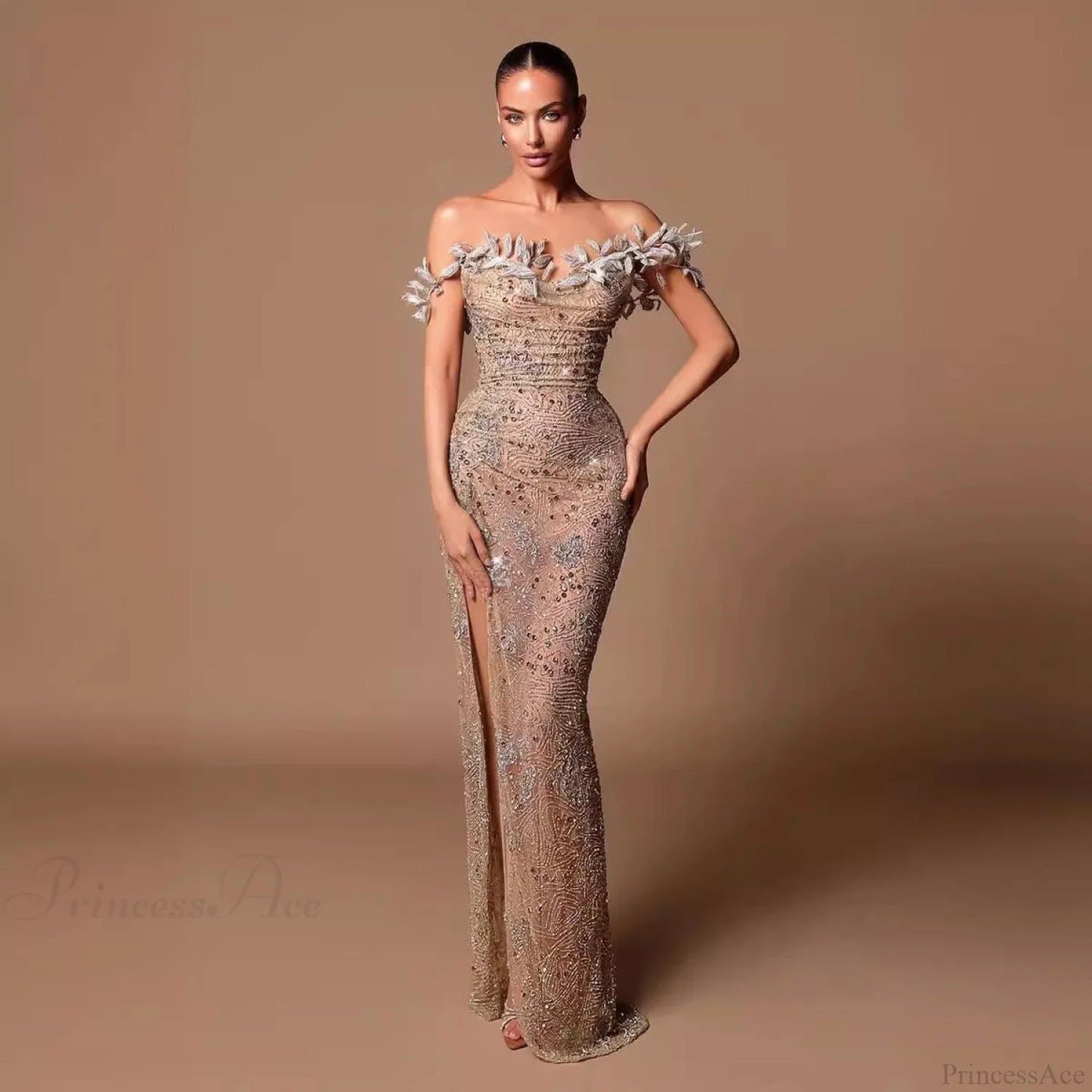 Off Shoulder Slit Strapless Floor Length Prom Dress