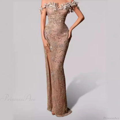 Off Shoulder Slit Strapless Floor Length Prom Dress