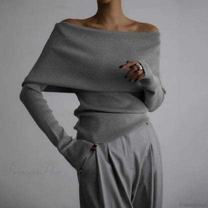 Off-Shoulder Solid Long Sleeve Knitted Sweater