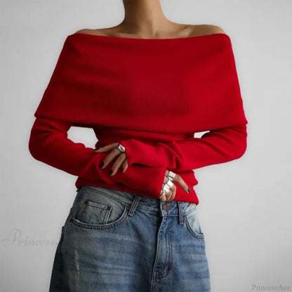 Off-Shoulder Solid Long Sleeve Knitted Sweater