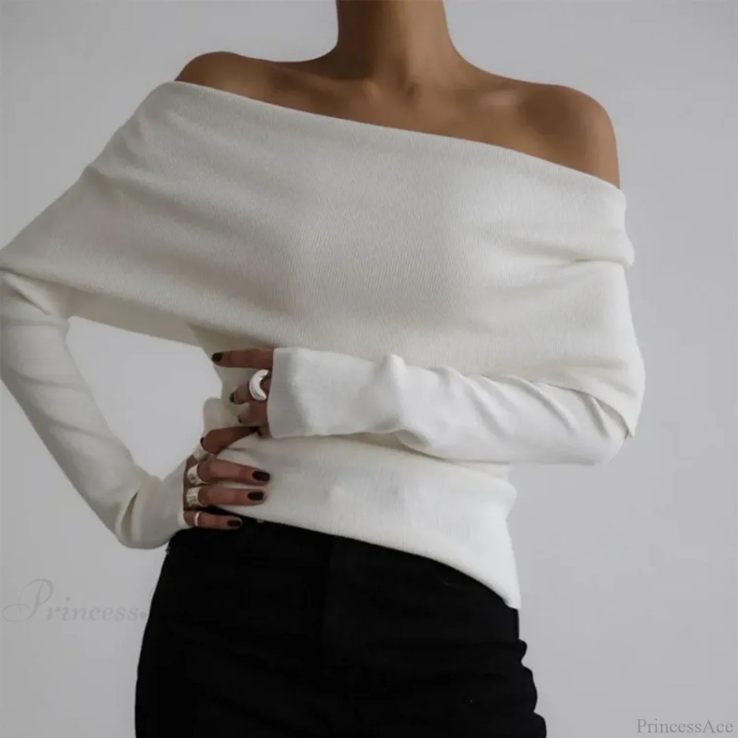 Off-Shoulder Solid Long Sleeve Knitted Sweater