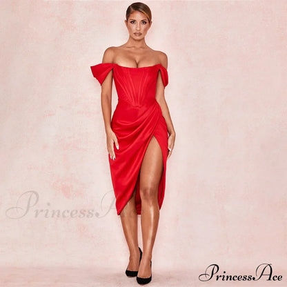 Off Shoulder Split Corset Midi Dress