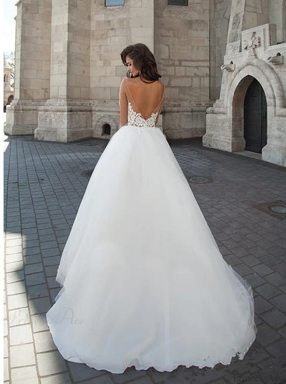 Off-Shoulder V-Neck Sheer Wedding Dress