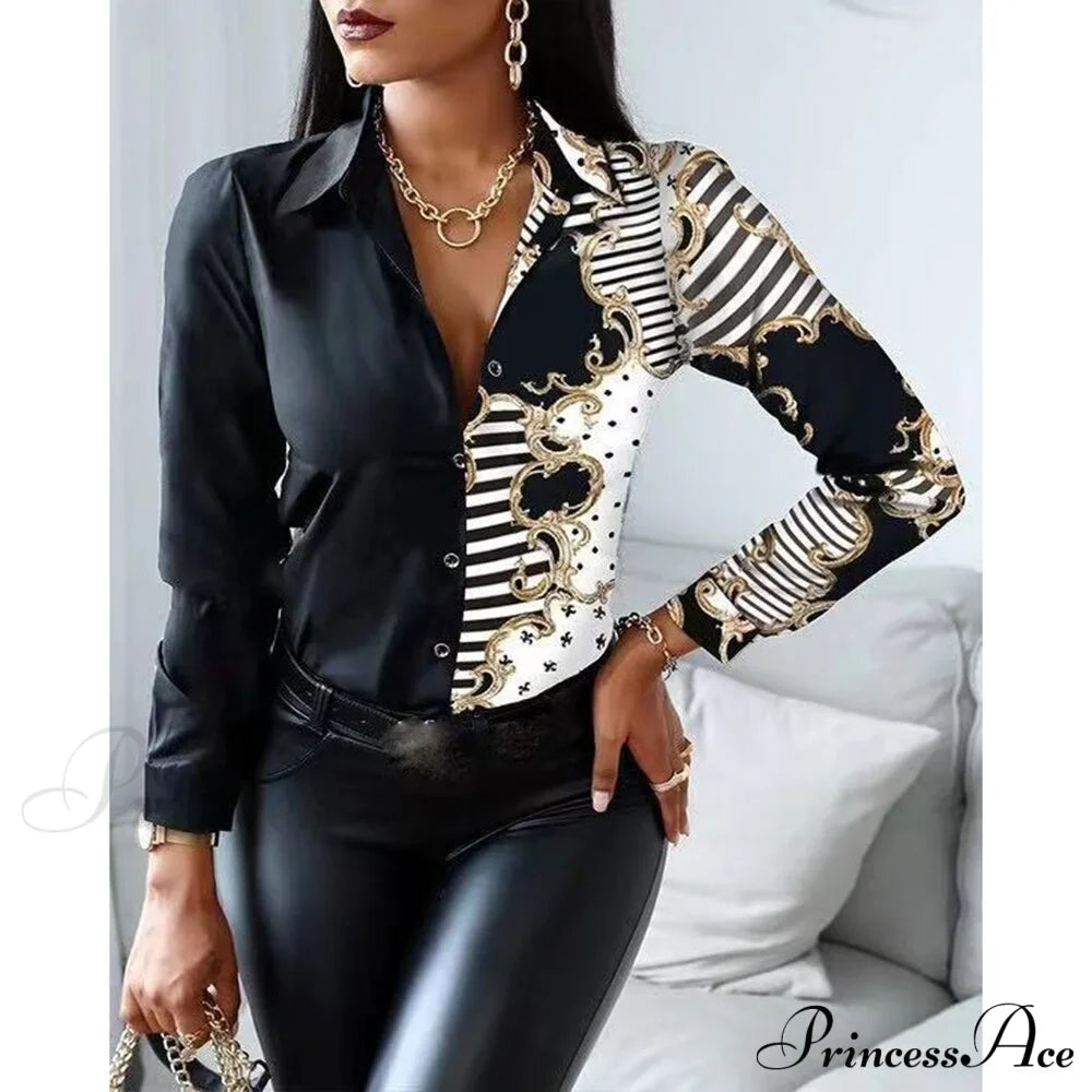 Office Lady Print Button Shirts