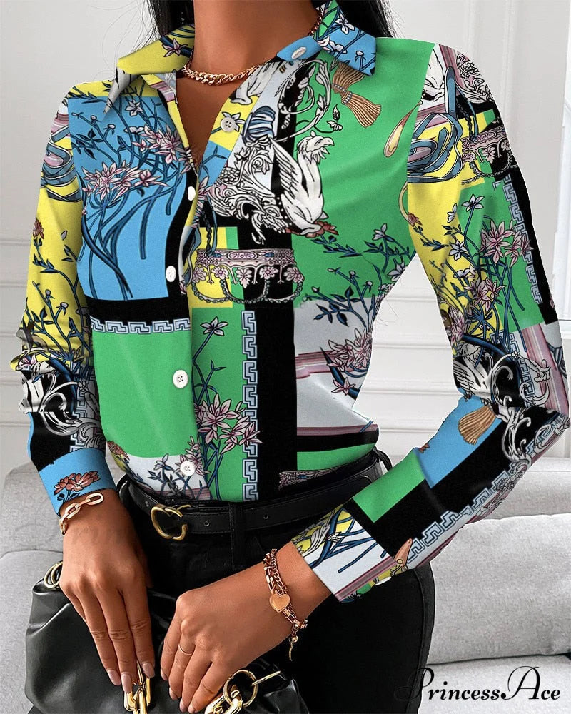 Office Lady Print Button Shirts