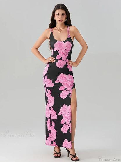 Open Back High Split Floral Print Bodycon Cami Club Floral Dress