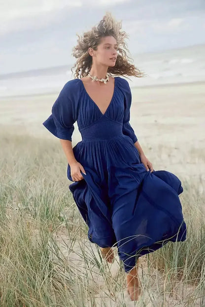 Oversized Backless Deep V Cotton Boho Dress