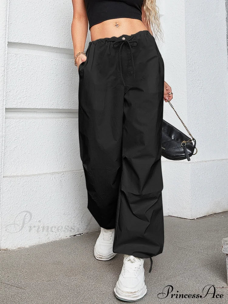 Oversized Drawstring Low Waist Slant Pocket Cargo Parachute Pants