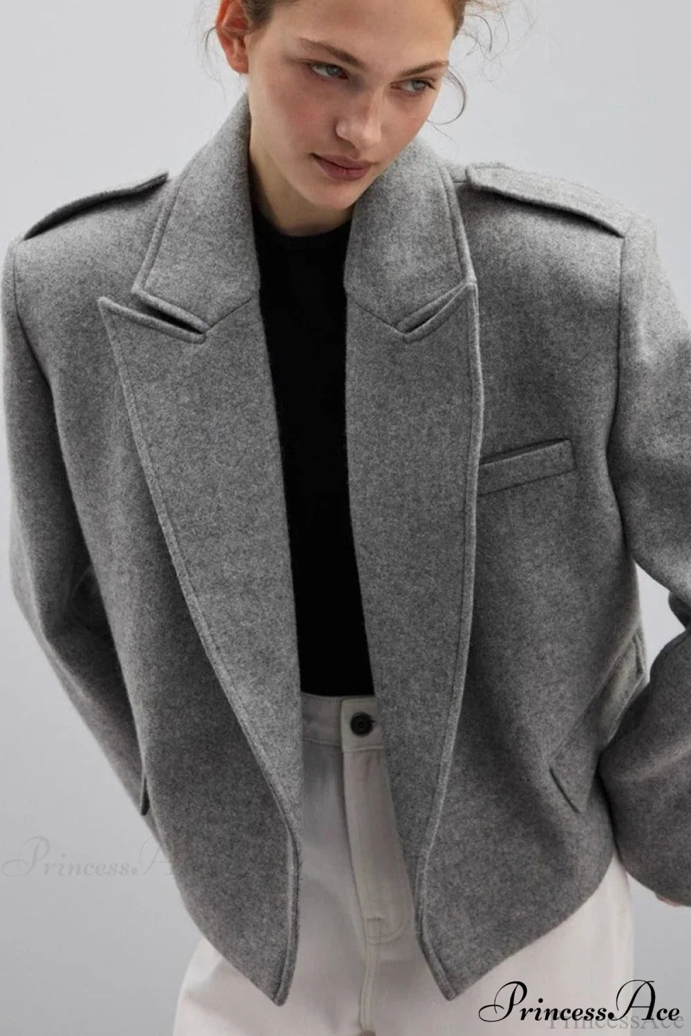 Oversized Notch Lapel Epaulette Woolen Blazer