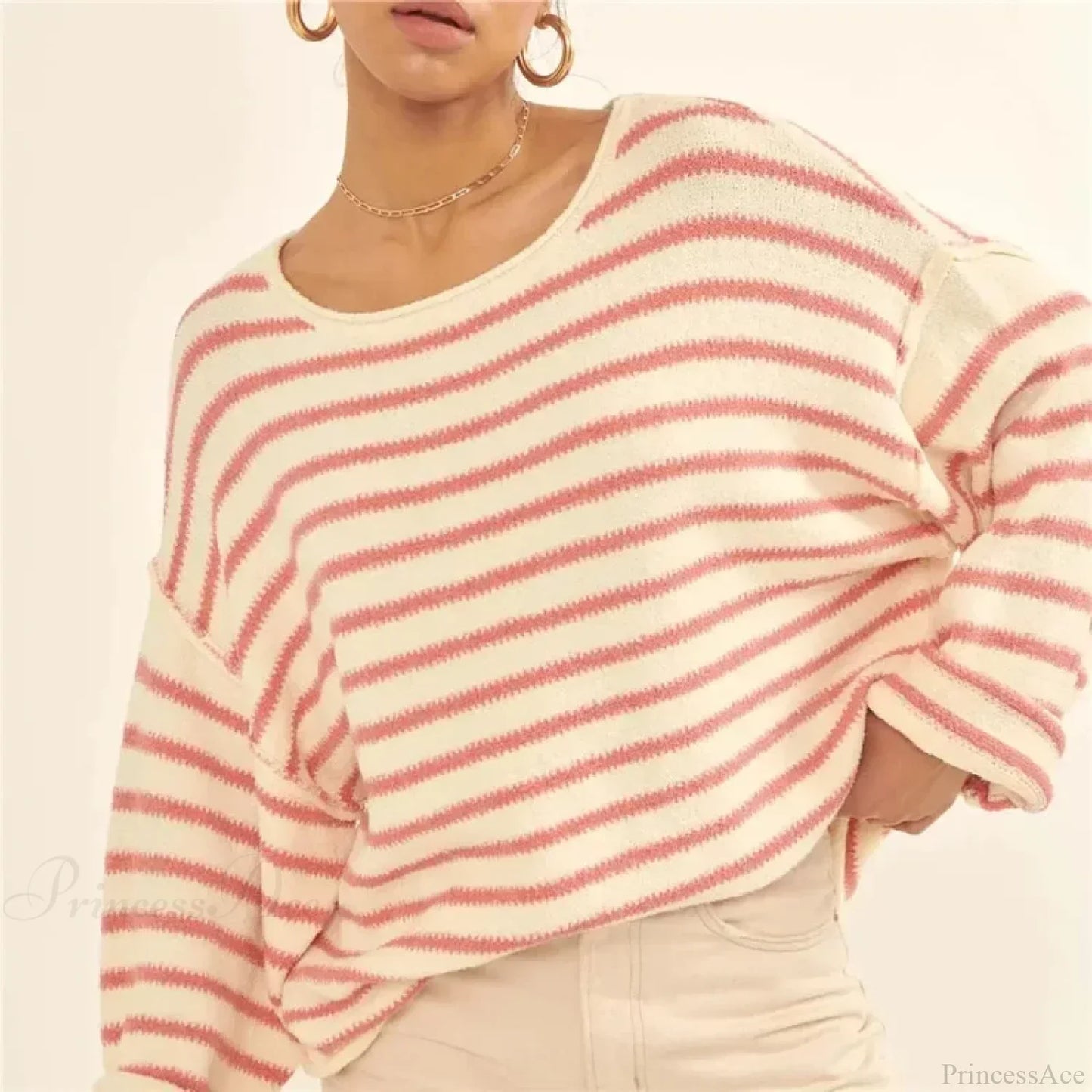 Oversized Striped V-Neck Color Block Knit Sweater Knit Top