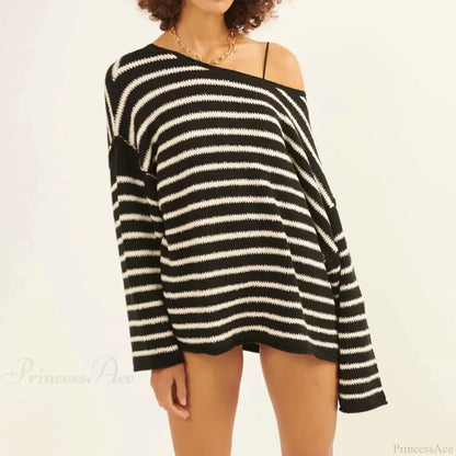 Oversized Striped V-Neck Color Block Knit Sweater Knit Top
