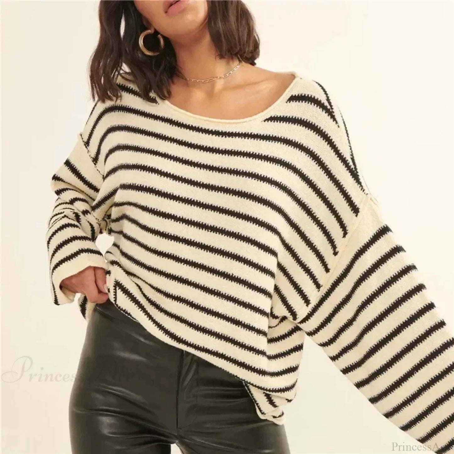 Oversized Striped V-Neck Color Block Knit Sweater Knit Top