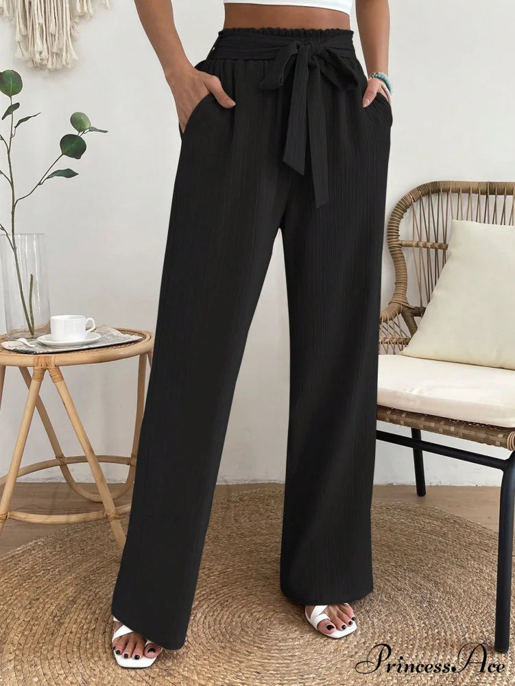 Long Waist Belted Wide Leg Pants