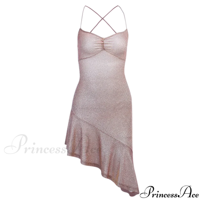 Party Backless Asymmetry Ruffles Hem Spaghetti Strap V-Neck Sleeveless Mini Lace up Bodycon Dress