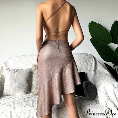 Party Backless Asymmetry Ruffles Hem Spaghetti Strap V-Neck Sleeveless Mini Lace up Bodycon Dress