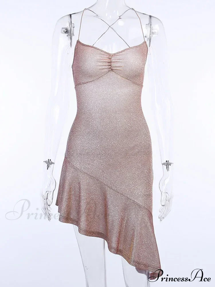 Party Backless Asymmetry Ruffles Hem Spaghetti Strap V-Neck Sleeveless Mini Lace up Bodycon Dress