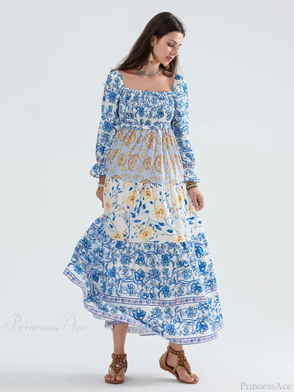 Patchwork Floral Bohemian Off-Shoulder Puff Sleeve Ruffled Vacation Beach Dress