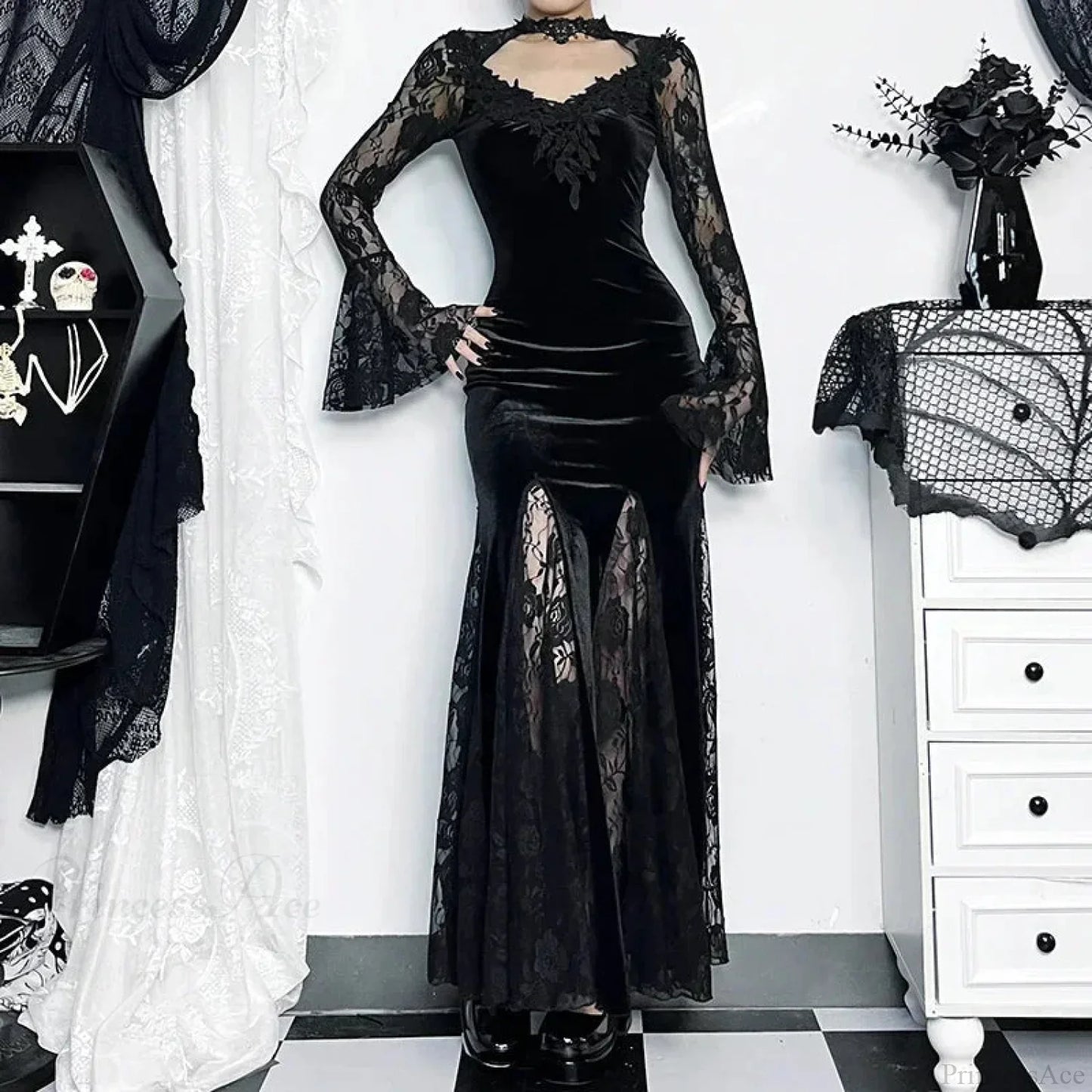 Patchwork Velvet Long Sleeve Midi Dress