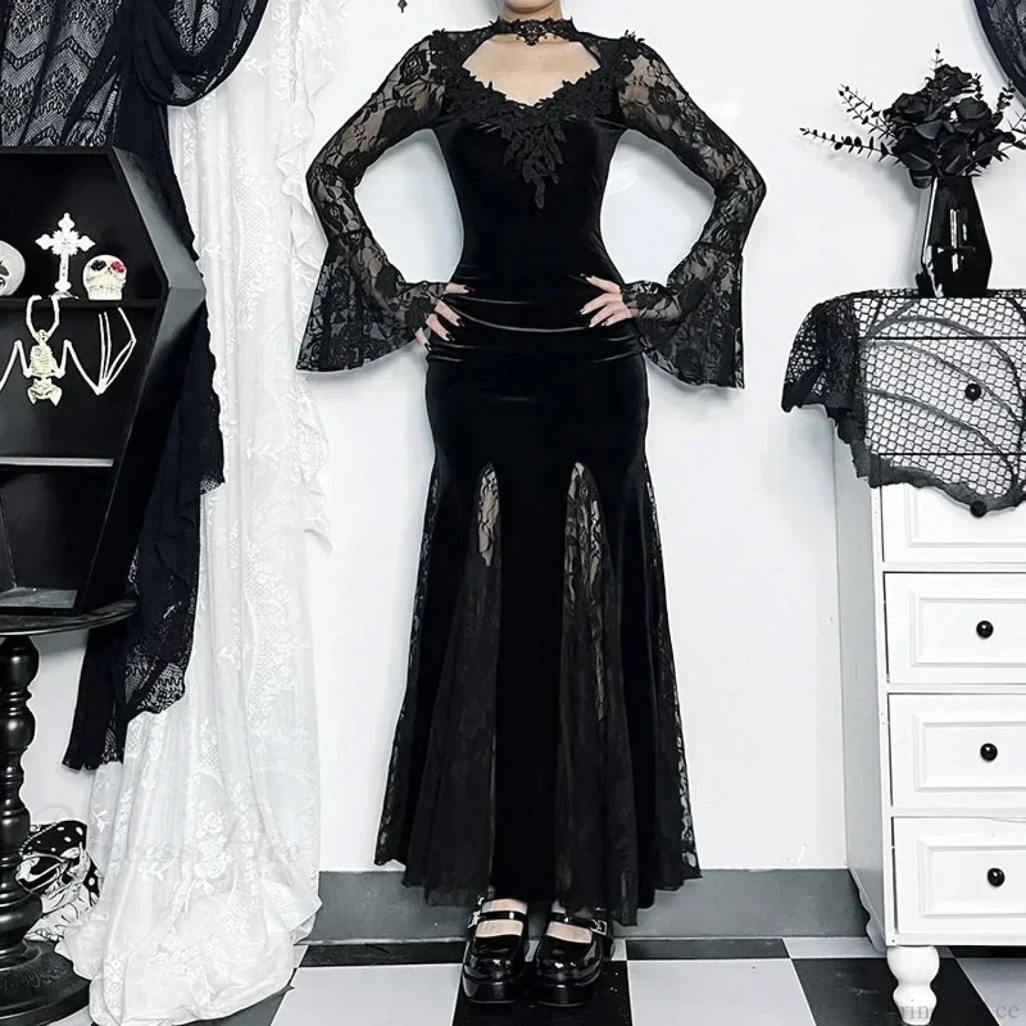 Patchwork Velvet Long Sleeve Midi Dress