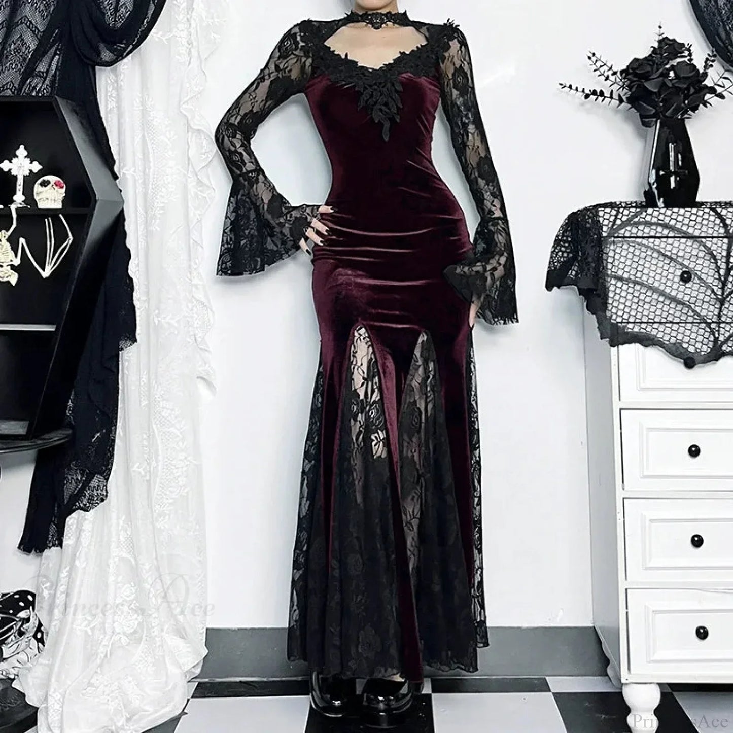 Patchwork Velvet Long Sleeve Midi Dress
