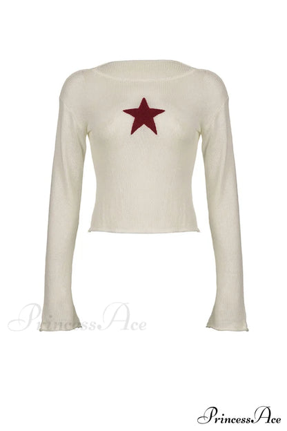 Sexy Sheer Hollow-Out Red Star Long-Sleeve Knit Top
