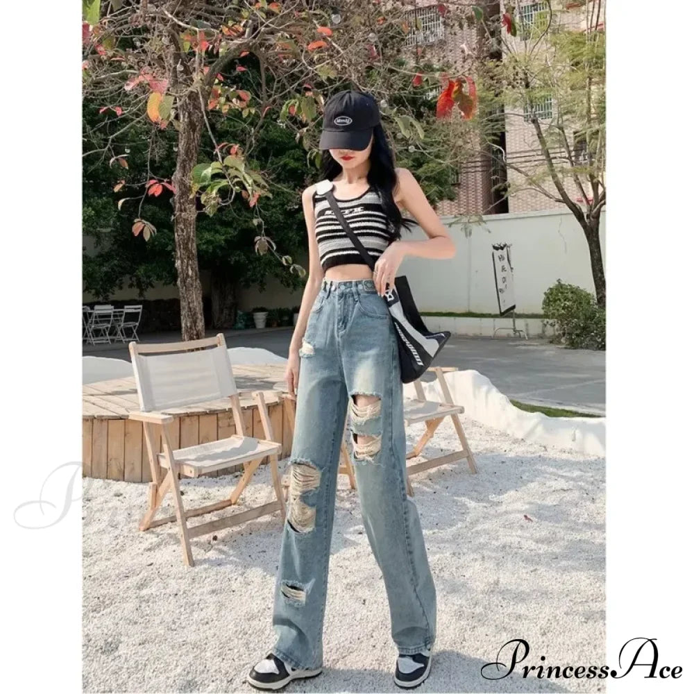 Perforated Jean Pear-Shaped Figure High Waist Straight Tube Loose Fitting Wide Leg Pants Small Stature Thin Summer Style Jean