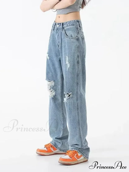 Perforated Jean Summer Thin High Street Trendy Brand Handsome And Loose Fitting Straight Casual Sports Pants Women's Jean