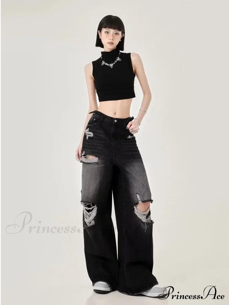 Perforated Women's Summer New INS Fashion Brand Straight Tube Loose Sweeping High Street Jean