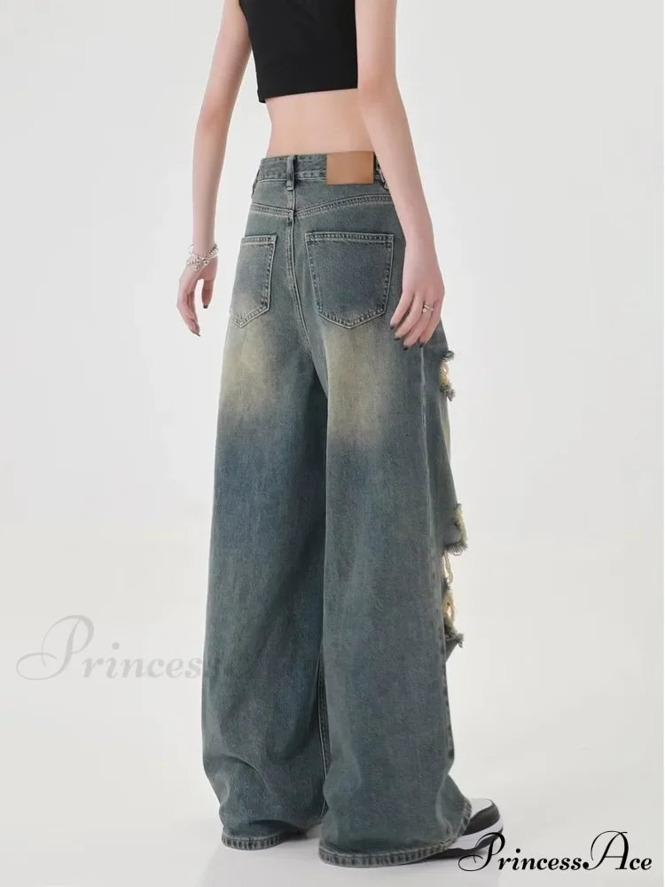 Perforated Women's Summer New INS Fashion Brand Straight Tube Loose Sweeping High Street Jean