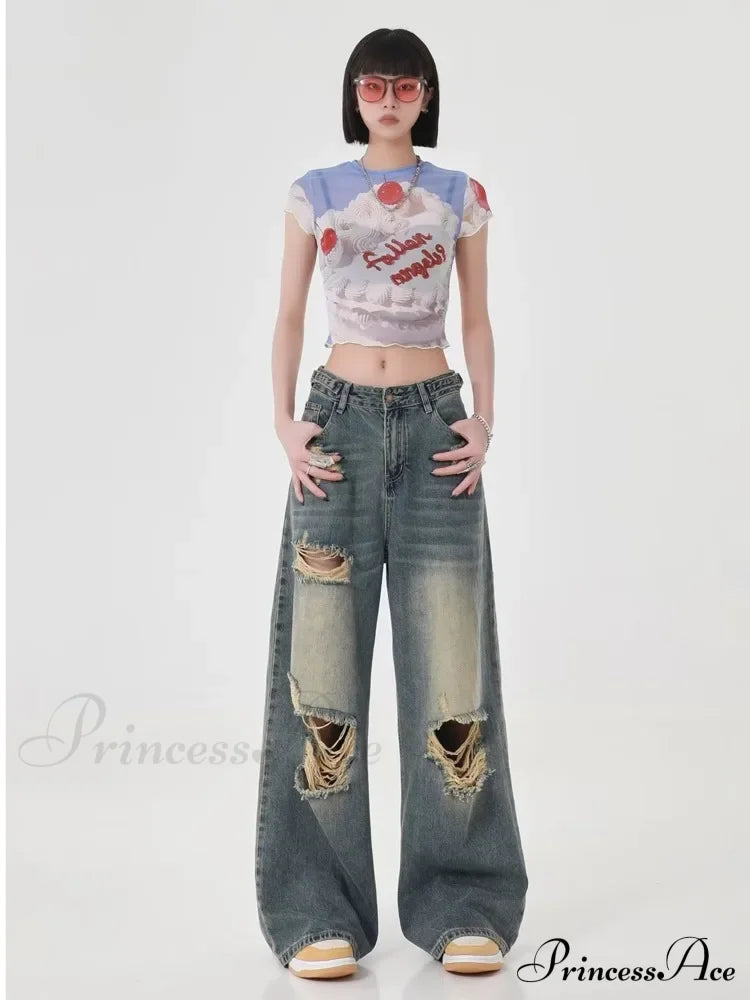 Perforated Women's Summer New INS Fashion Brand Straight Tube Loose Sweeping High Street Jean