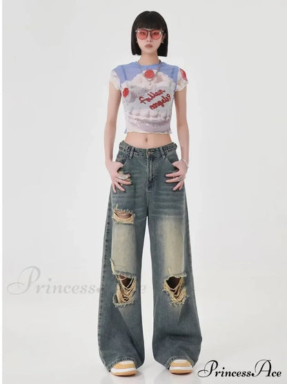 Perforated Women's Summer New INS Fashion Brand Straight Tube Loose Sweeping High Street Jean