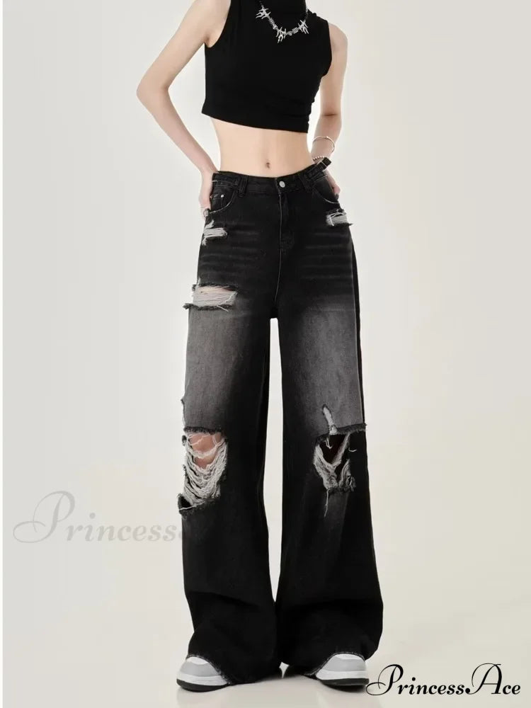 Perforated Women's Summer New INS Fashion Brand Straight Tube Loose Sweeping High Street Jean